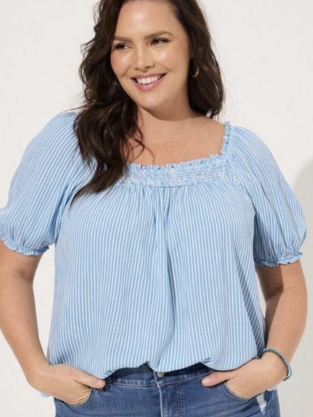 torrid Light Blue & White Striped Smocked Square Neck Blouse 1x